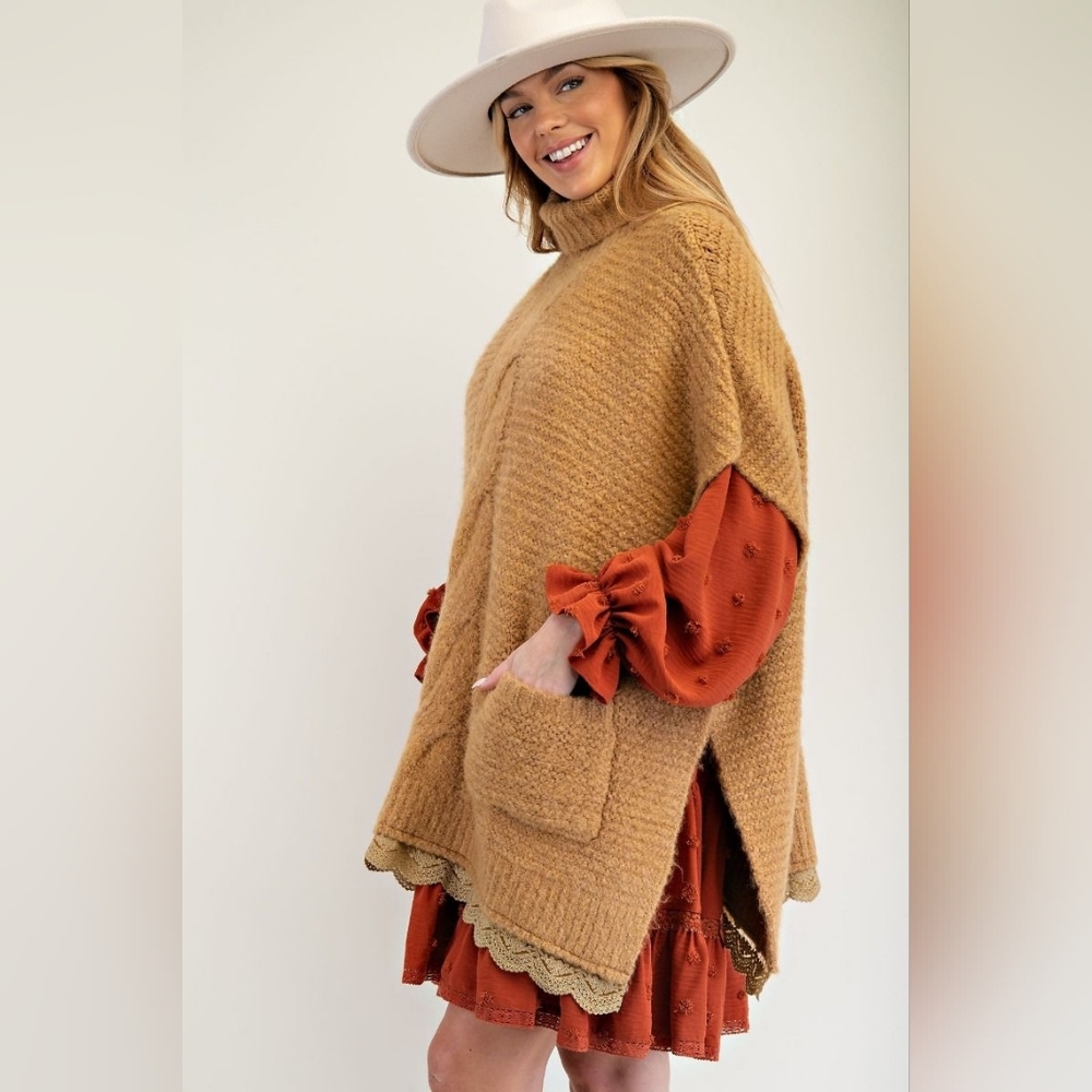 10-1128 *boutique* Boho Lace Bottom Layered Largenlook Warm Poncho Sweater - Picture 4 of 5